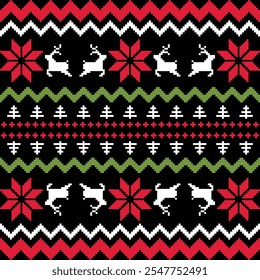 Christmas Sweater Pattern Design Seamless Pixel Art background. Xmas style Rows of Reindeer, Snowflakes, Stars, Holly Berries, and trees on a black Background, with Red, Blue and green knit details