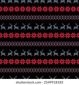 Christmas Sweater Pattern Design Seamless Pixel Art background. Nordic Xmas style Rows of Reindeer, Snowflakes, Stars, Holly Berries, and trees on a black Background, with Red and Gray knit details