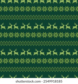 Christmas Sweater Pattern Design Seamless Pixel Art background. Nordic Xmas style Rows of Reindeer, Snowflakes, Stars, Holly Berries, and trees Green Knit Background