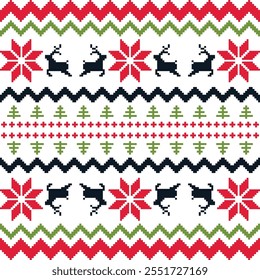 Christmas Sweater Pattern Design Seamless Pixel Art background. Xmas style Rows of Reindeer, Snowflakes, Stars, Holly Berries, and trees on a white Background, with Red, Blue and green knit details