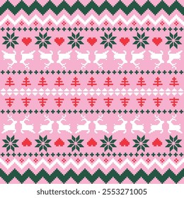 Christmas Sweater Pattern Design Seamless Pixel Art background. Xmas style Rows of Reindeer, Snowflakes, Stars, Holly Berries, and trees on a pink Background, with Red and green knit details