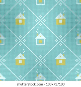 Christmas sweater pattern with rhombuses and winter houses. Seamless winter pattern with little white and yellow houses on blue background. Knitted background with linear diamond pattern.
