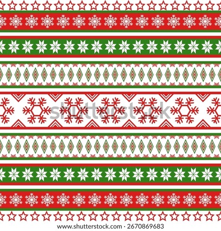 Christmas Sweater Pattern Seamless Holiday Knit Design Red Green White Nordic Fair Isle Traditional Winter Festive Background Geometric Border Stripes Snowflake