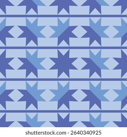 Christmas sweater pattern. Winter attire design for the holidays. Blue eight pointed star. Seamless festive background for wrapping paper, gift wrap, pyjamas fabric graphic, PJ textile. Vector EPS 10.