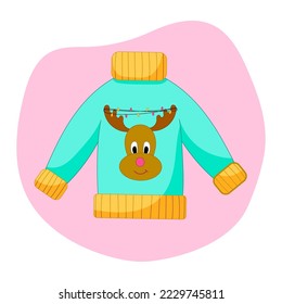 Christmas sweater with reindeer, festive clothes, winter season, flat cartoon vector illustration, isolated element.