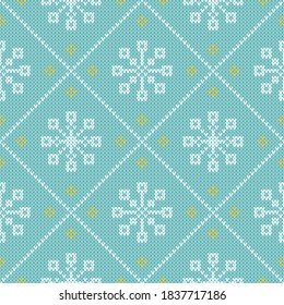 Christmas sweater seamless pattern with snowflakes. Knitted Fair Isle style winter diamond pattern with white snowflakes and diagonal lines on a blue background.
