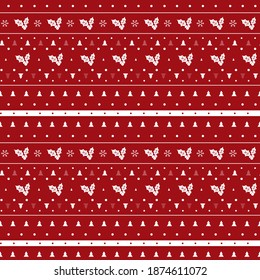 Christmas sweater seamless pattern with Christmas trees and holly berries on red background