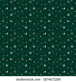 Christmas sweater seamless pattern with Christmas trees and snowflakes on green background