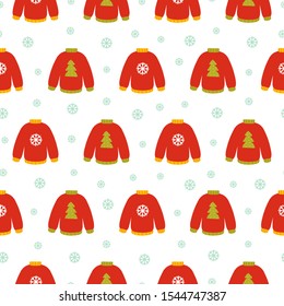 Christmas sweater and snowflake pattern on white background. Great for wallpaper, background, wrapping paper, fabric, packaging, greeting cards, invitations