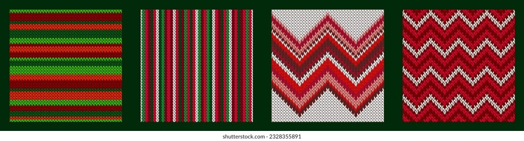 Christmas sweater striped knitted seamless pattern vector set design. Red green white winter jumper knitwear fabric print. Scandinavian knitted stripes seamless pattern in traditional christmas style