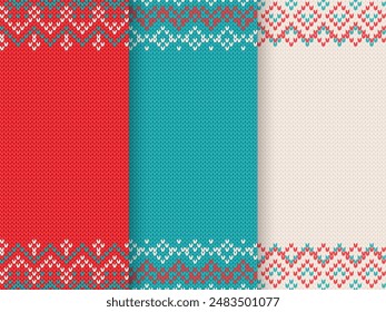 Christmas sweater texture with empty place for text. Knitted pattern. Knit Xmas seamless print. Vector. Festive winter red, white, blue background. Set holiday traditional ornament. Wool illustration