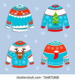 christmas sweater with tree, deer - cartoon illustration