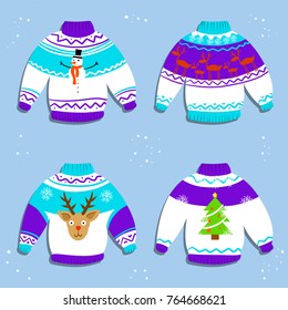 christmas sweater with tree, deer, snowman - cartoon illustration