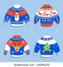 christmas sweater with tree, deer, snowman - cartoon illustration