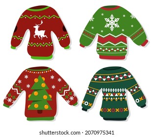 Christmas sweater, ugly jumper vector cartoon set isolated on a white background.