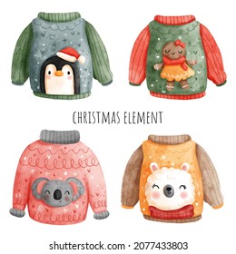 Christmas sweater, ugly sweater. Watercolor vector illustration