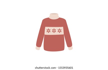 Christmas sweater vector illustration. Flat hand drawn red knitted sweater isolated on white. Knitting, knitwear, holiday concept.