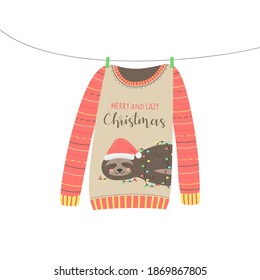 Christmas sweater vector illustration. Warm cosy cute xmas ugly sweater hanging on clothesline. Isolated hand drawing.