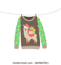 Christmas sweater vector illustration. Warm cosy cute xmas ugly sweater hanging on clothesline. Isolated hand drawing.