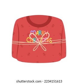 Christmas sweater wrapped as a gift. Red sweater with fir trees and the inscription "Merry Christmas" Decor for Christmas and New Year. Festive vector illustration in flat cartoon style.