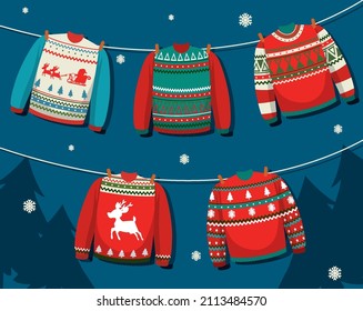 Christmas sweaters in cartoon style illustration