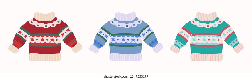 Christmas sweaters in colorful variants, cozy winter holiday decoration, graphic sticker. Vector illustration.