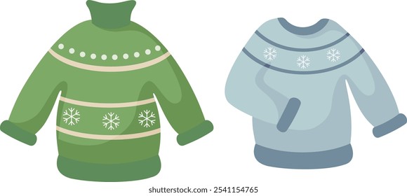 Christmas sweaters and cute wool jumper with long sleeves and winter ornament. Warm accessory for winter. Hand drawing vector illustration