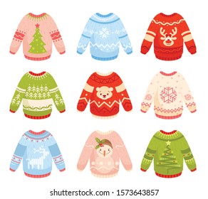 Christmas sweaters flat vector illustrations set. Festive winter season clothing with reindeer, christmas tree, snowflake and snowman. Colorful warm and cozy knitwear with ornaments pack.