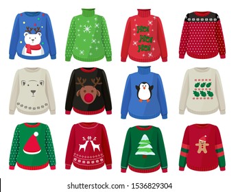 Christmas sweaters. Funny ugly clothes with christmas decoration vector cartoons