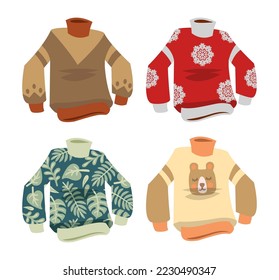 Christmas sweaters with ornaments vector illustrations set. Collection of cartoon drawings of Christmas jumpers with snowflakes, leaves, bear isolated on white background. Fashion, Christmas concept