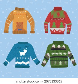 Christmas sweaters party invitation with tree, reindeer, bear - vector illustration