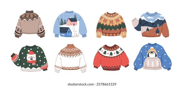 Christmas sweaters set. Festive knitted clothes, Xmas jumpers with cute funny cozy holiday design. Warm wool pullovers with winter prints. Flat vector illustration isolated on white background