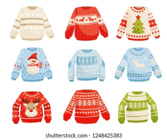 Christmas sweaters set, warm knitted jumper with cute ornaments vector Illustration on a white background