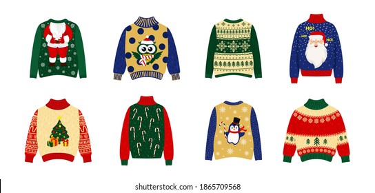 Christmas sweaters set, warm knitted jumper with cute ornaments. Sweaters with thematic Christmas images