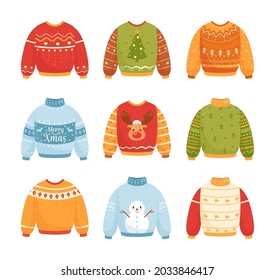 Christmas sweaters. Vector set of traditional ugly Christmas sweater with different cute norwegian prints and ornaments. Holiday party. Cute winter warm knitted jumper with snowman, deer, snowflake