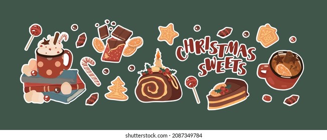 Christmas sweet, Big set sticker. Celebration, party, New Year. Isolated vector colorful element. 
