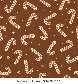 Christmas sweet candy canes seamless pattern hand drawn with gingerbread cookies, snowflakes, polka dots. Vector Christmas dessert print, repeat background, tasty wallpaper, wrap paper, package design