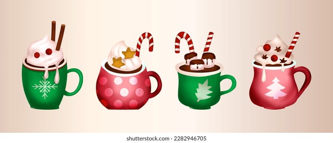 Christmas sweet coffee cocoa drink cartoon vector tasty hot beverage set
