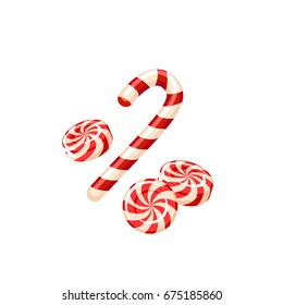 Christmas sweet colorful swirl candy and candycane. Vector illustration flat icon isolated on white.