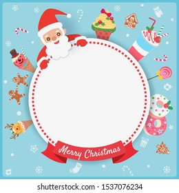 Christmas sweet dessert with santa claus on circle frame with ribbon on blue background.