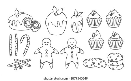 Christmas sweet food linear set. Winter dessert. Traditional treat pudding, cupcake, gingerbread man. Pastry as symbol New Year holiday. Tasty celebration snack. Isolated on white vector illustration.