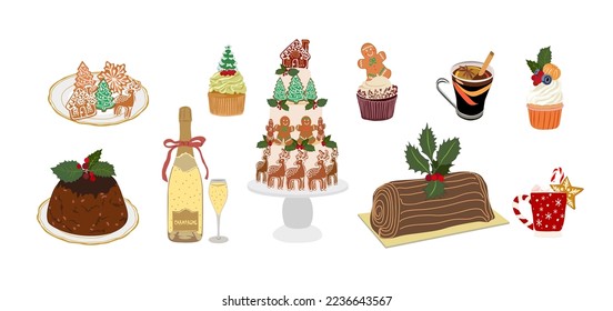 Christmas sweet food set. Festive dishes for winter holiday meal. Desserts, pie, gingerbread, hot drinks and other treats for Xmas party. Flat vector illustration isolated on white background