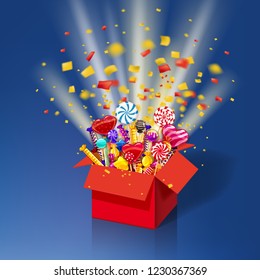 Christmas sweet gift box. Explosion of paper confetti. Open 3d-red box with yum, candy, jelly, sweets. Festive surprise with candy. Sweet party icon with lighting effects and particles. Template