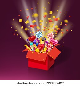 Christmas sweet gift box. Explosion of paper confetti. Open 3d-red box with yum, candy, jelly, sweets. Festive surprise with candy. Sweet party icon with lighting effects and particles. Template