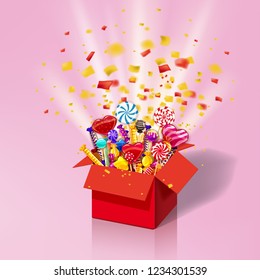 Christmas sweet gift box. Explosion of paper confetti. Open 3d-red box with yum, candy, jelly, sweets. Festive surprise with candy. Sweet party icon with lighting effects and particles. Template