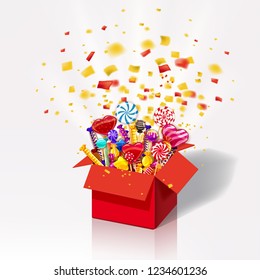 Christmas sweet gift box. Explosion of paper confetti. Open 3d-red box with yum, candy, jelly, sweets. Festive surprise with candy. Sweet party icon with lighting effects and particles. Template