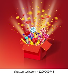 Christmas sweet gift box. Open 3d-red box with yum, candy, jelly, sweets. Blast of paper confetti. Festive surprise with candy. Sweet party icon with lighting effects and particles. Template, greeting