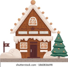 Christmas sweet house gingerbread with powdered sugar, decorated Christmas tree, flag, illustration vector