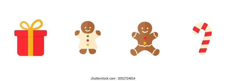 Christmas sweet icon set. Colorful winter toys collection. New Year symbols group. Gift box, gingerbread and candy colorful pictograms. Vector illustration isolated on white