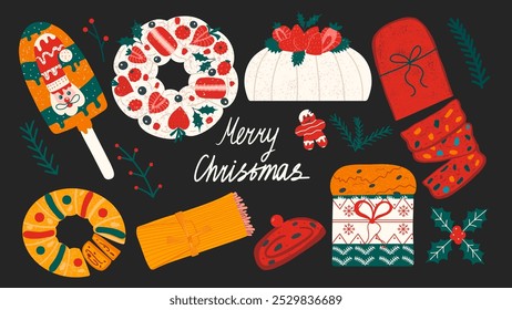 Christmas  sweet popular dessert vector set. Trendy traditional festive food. 